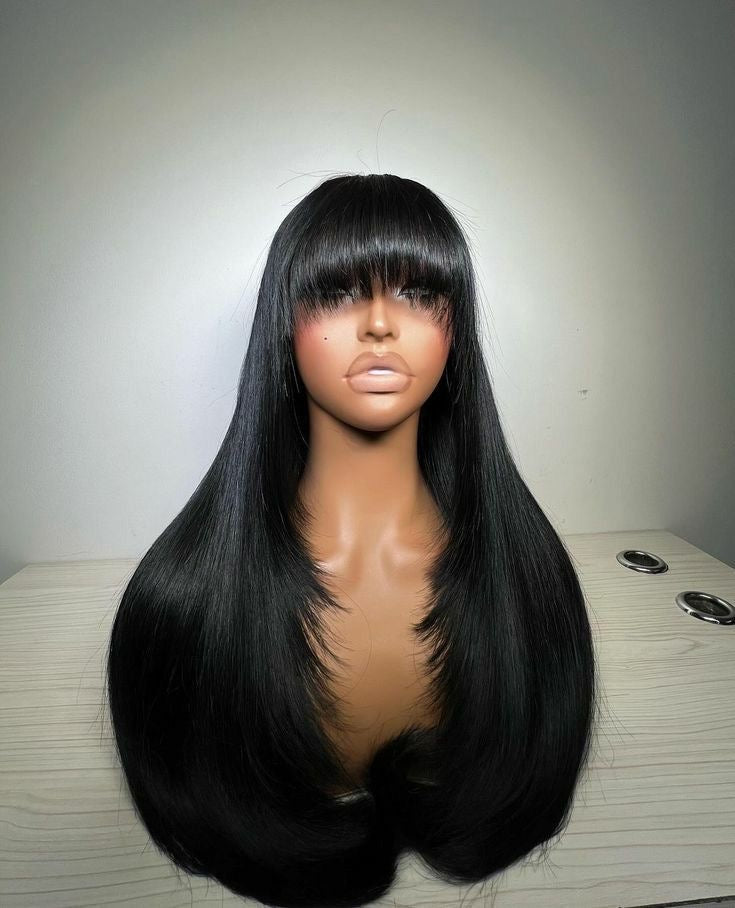 (VIP) Noir Deluxe Jet Black Premium Transparent HD Luxury, Shiny, Jet Black, Long Bang, Natural Lace front Wig –13x5 Knot, Hot Selling Summer Wig 100% Human Hair