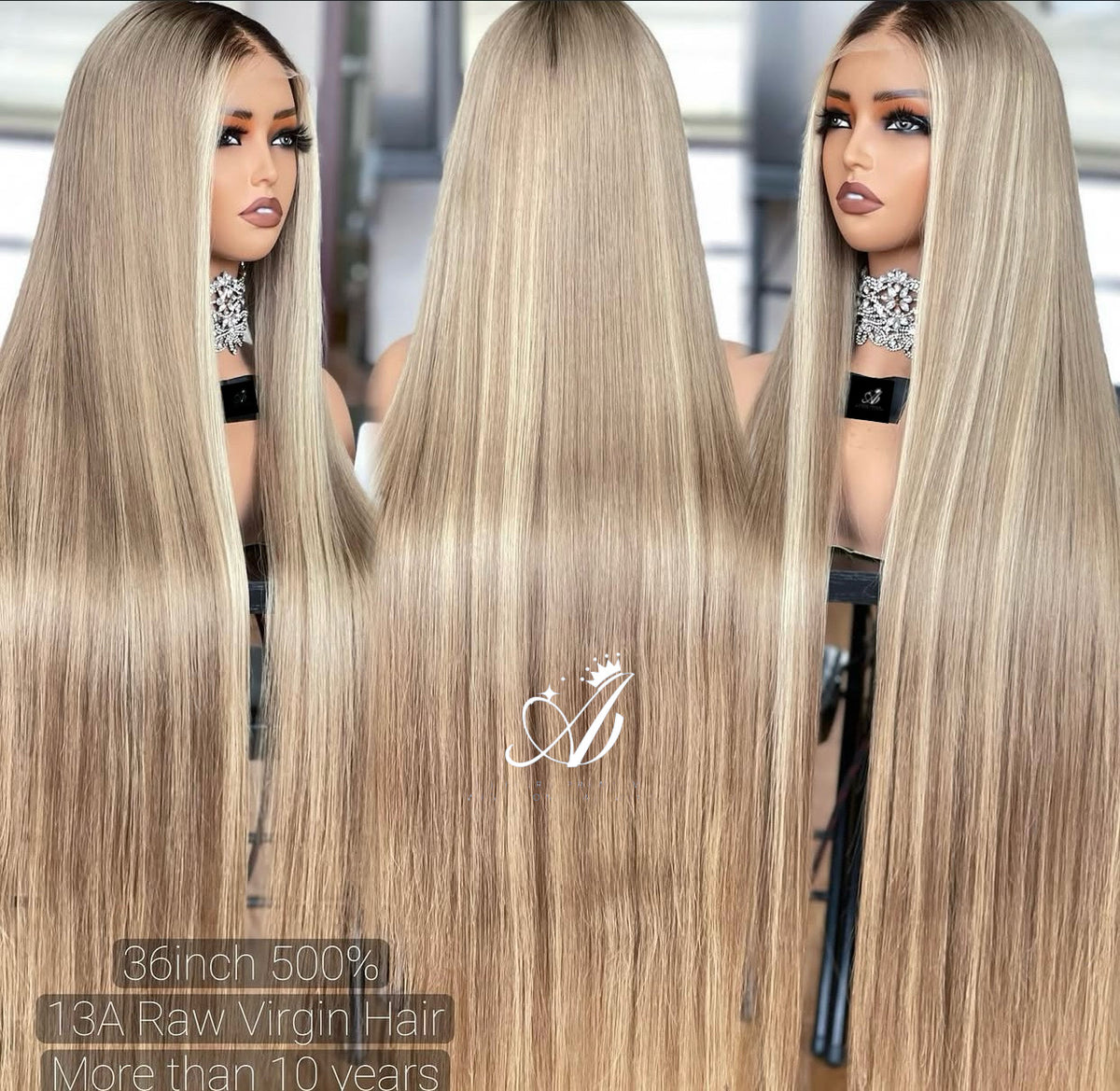 (VIP) Arabian Crown Blonde Premium Platinum Luxury, Balayage, HD blends 613 light brown roots – 5D 5.0 Lace Front Wig Runway Collection, Single donor 13x5 RAW (Vip) Luxury Summer Season Sale