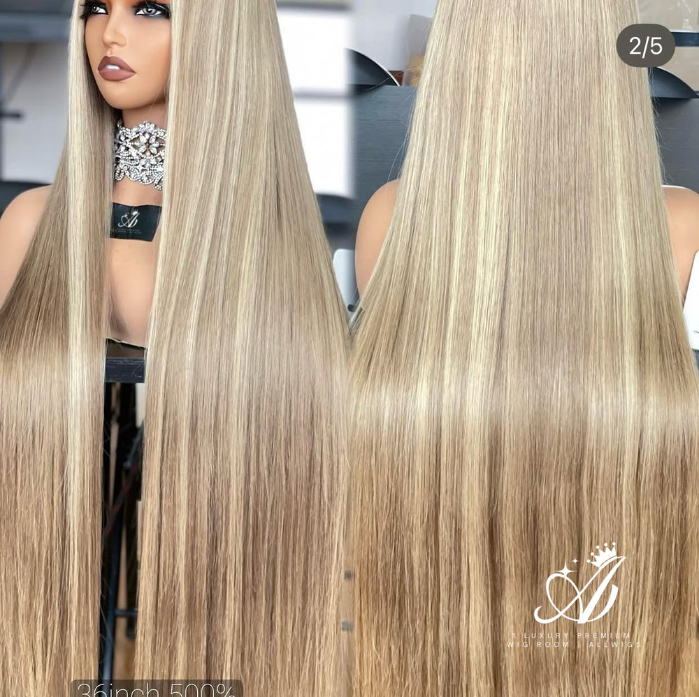(VIP) Arabian Crown Blonde Premium Platinum Luxury, Balayage, HD blends 613 light brown roots – 5D 5.0 Lace Front Wig Runway Collection, Single donor 13x5 RAW (Vip) Luxury Summer Season Sale