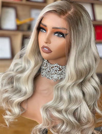 (VIP) Icey Mami Platinum Diamond Blonde Runway Collection Single donor Light Blonde Brown Roots Luxury Wig Series 13x5 Lace front (VIP) Season Sale, Hot Selling Summer Wig