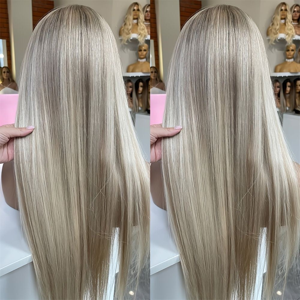 (VIP) Icey Mami Platinum Diamond Blonde Runway Collection Single donor Light Blonde Brown Roots Luxury Wig Series 13x5 Lace front (VIP) Season Sale, Hot Selling Summer Wig